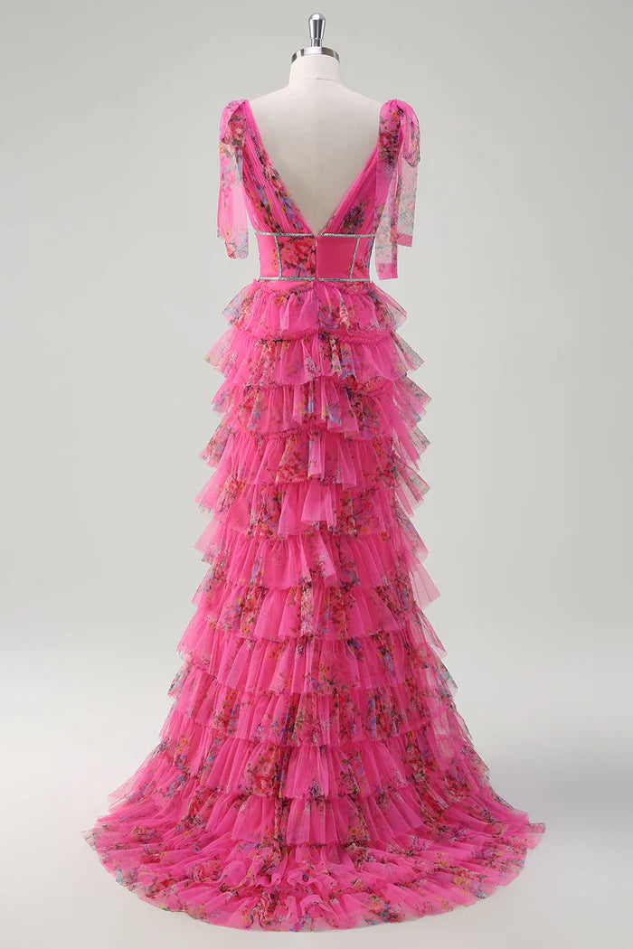 Robe Weitese fuchsia à fleurs, coupe trapèze, en tulle, robe longue, robe de bal, robe de soirée fendue, traîne courte